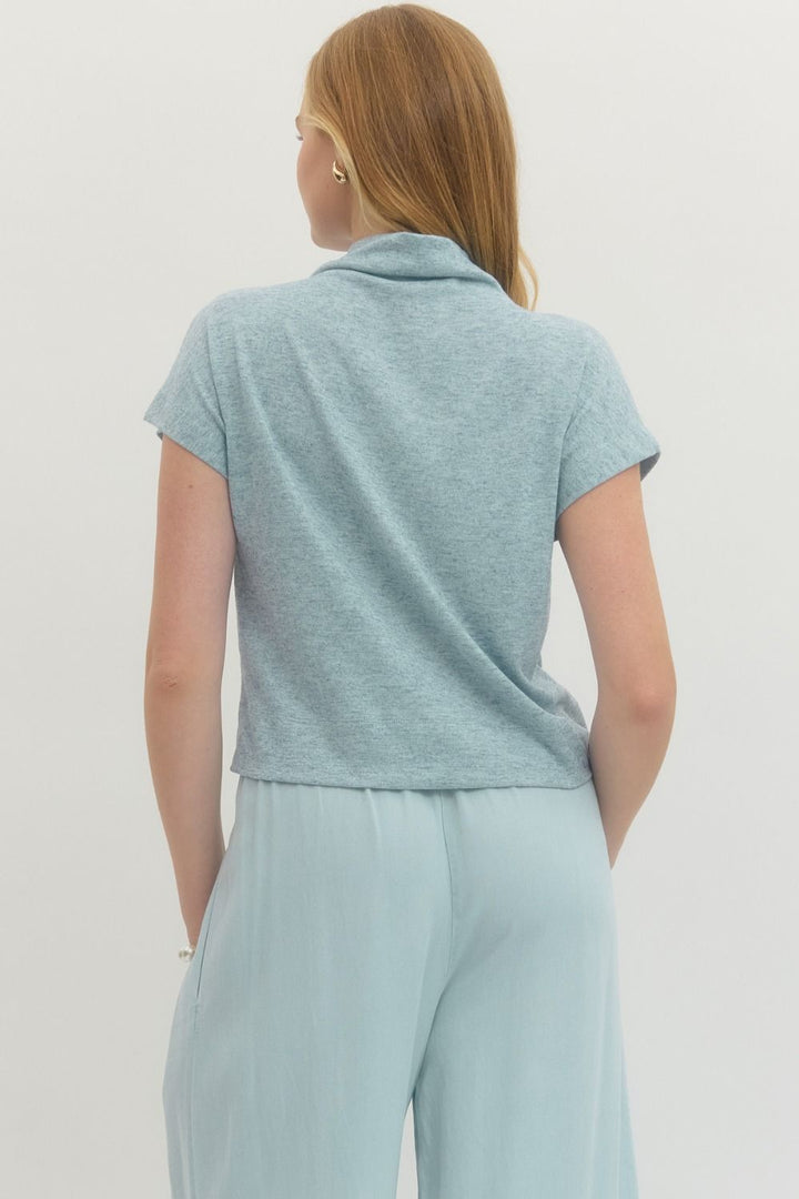 entro mock neck light blue knit top side slits