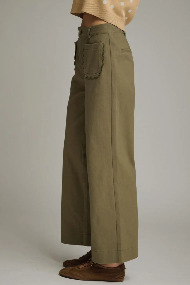 Entro olive twill denim wide leg pants with scalloped details and belt loops