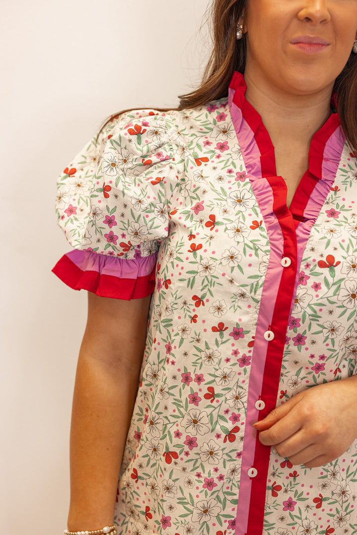 pink red trim floral shift dress