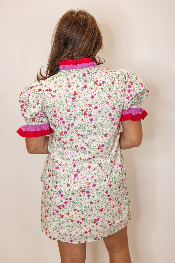 pink red trim floral shift dress