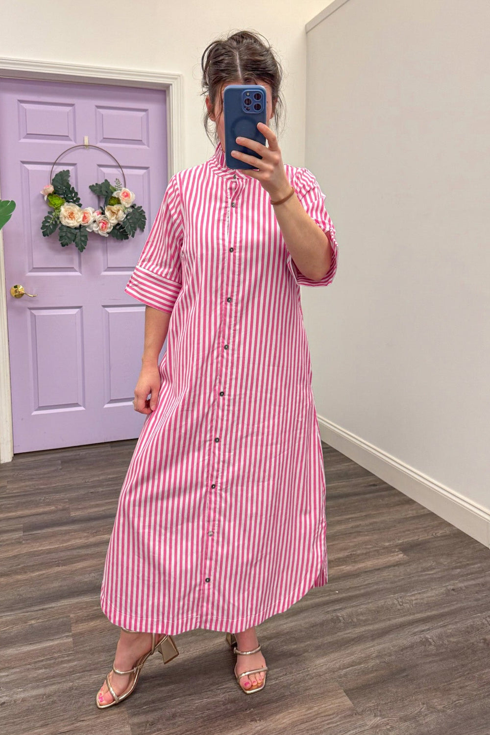 Women's pink and white button up front closure midi dress