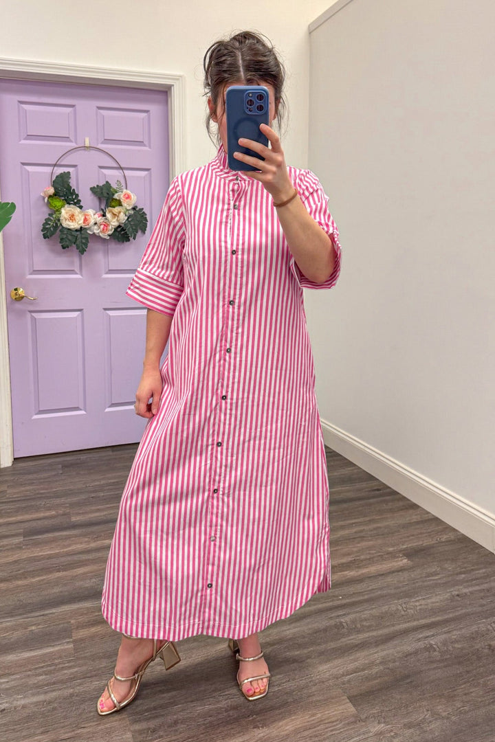 Women's pink and white button up front closure midi dress