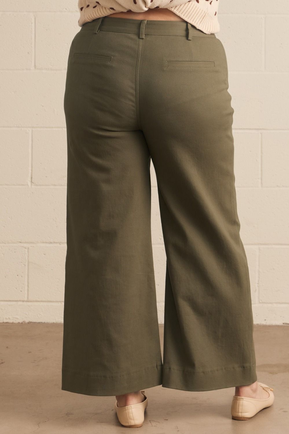 Entro plus size olive twill denim wide leg pants with scalloped details and a flattering fit