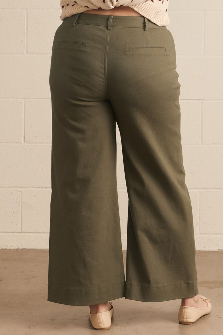 Entro plus size olive twill denim wide leg pants with scalloped details and a flattering fit