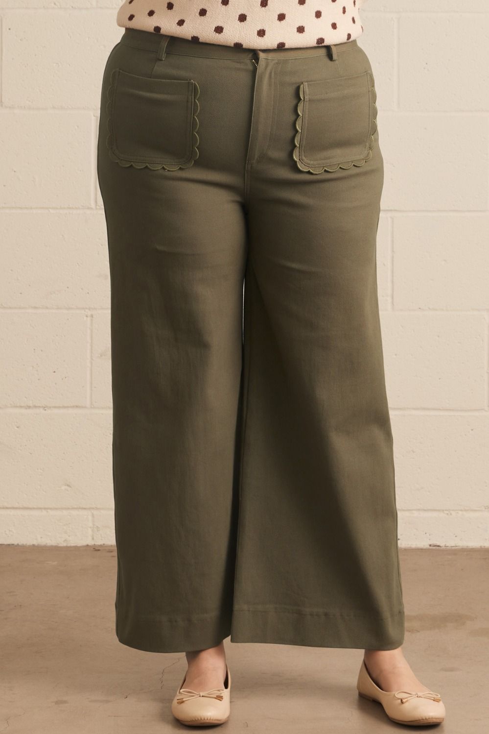 Entro plus size olive twill denim wide leg pants with scalloped details and button zipper front closure