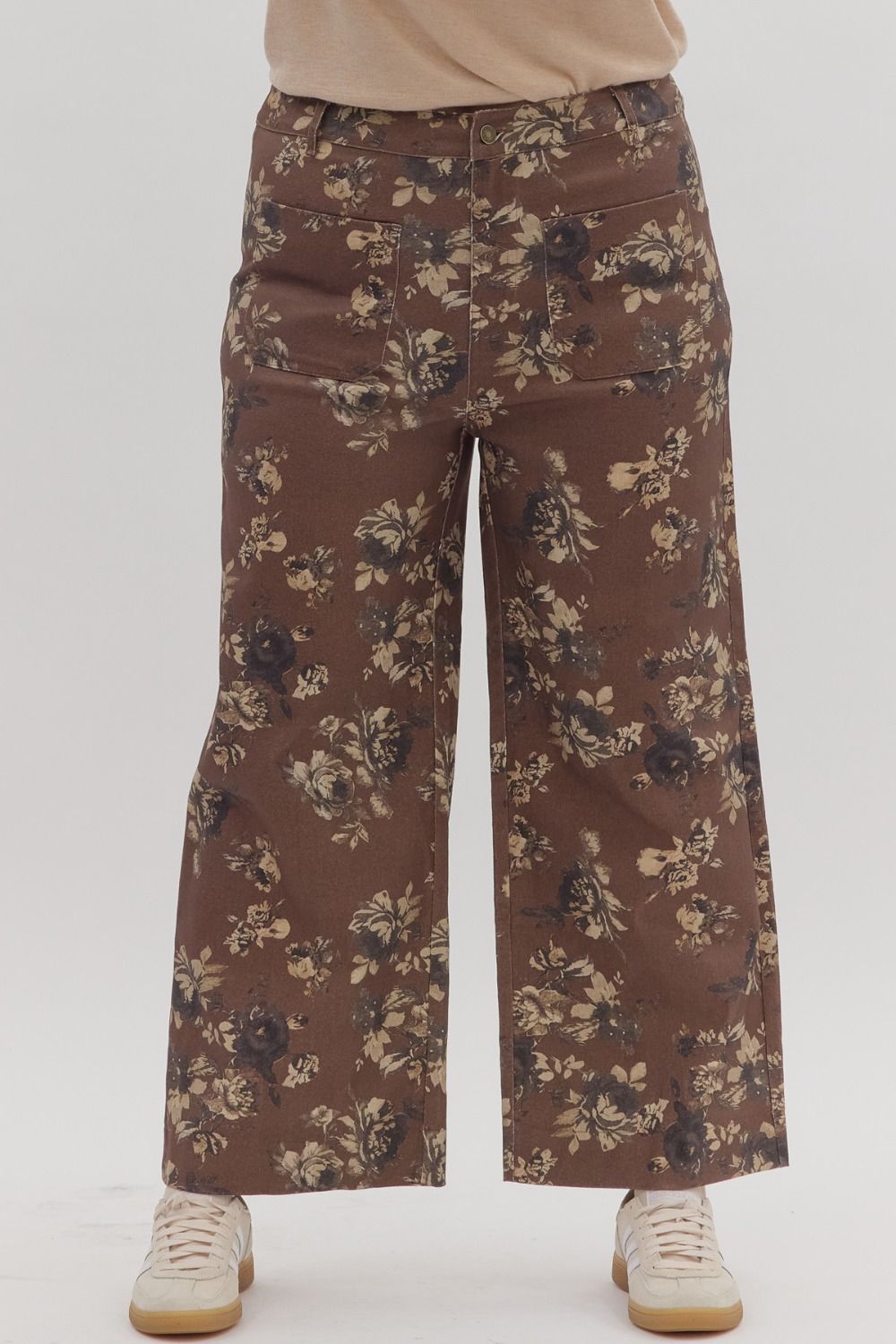 entro plus size brown fall floral pants front
