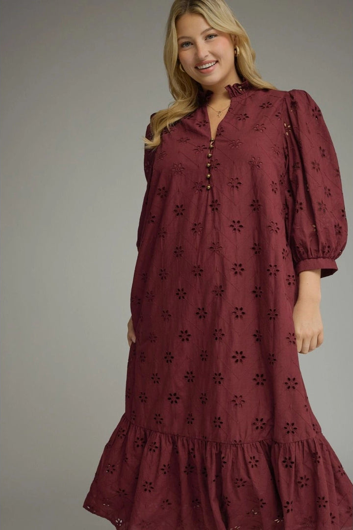 entro plus size burgundy eyelet maxi dress details