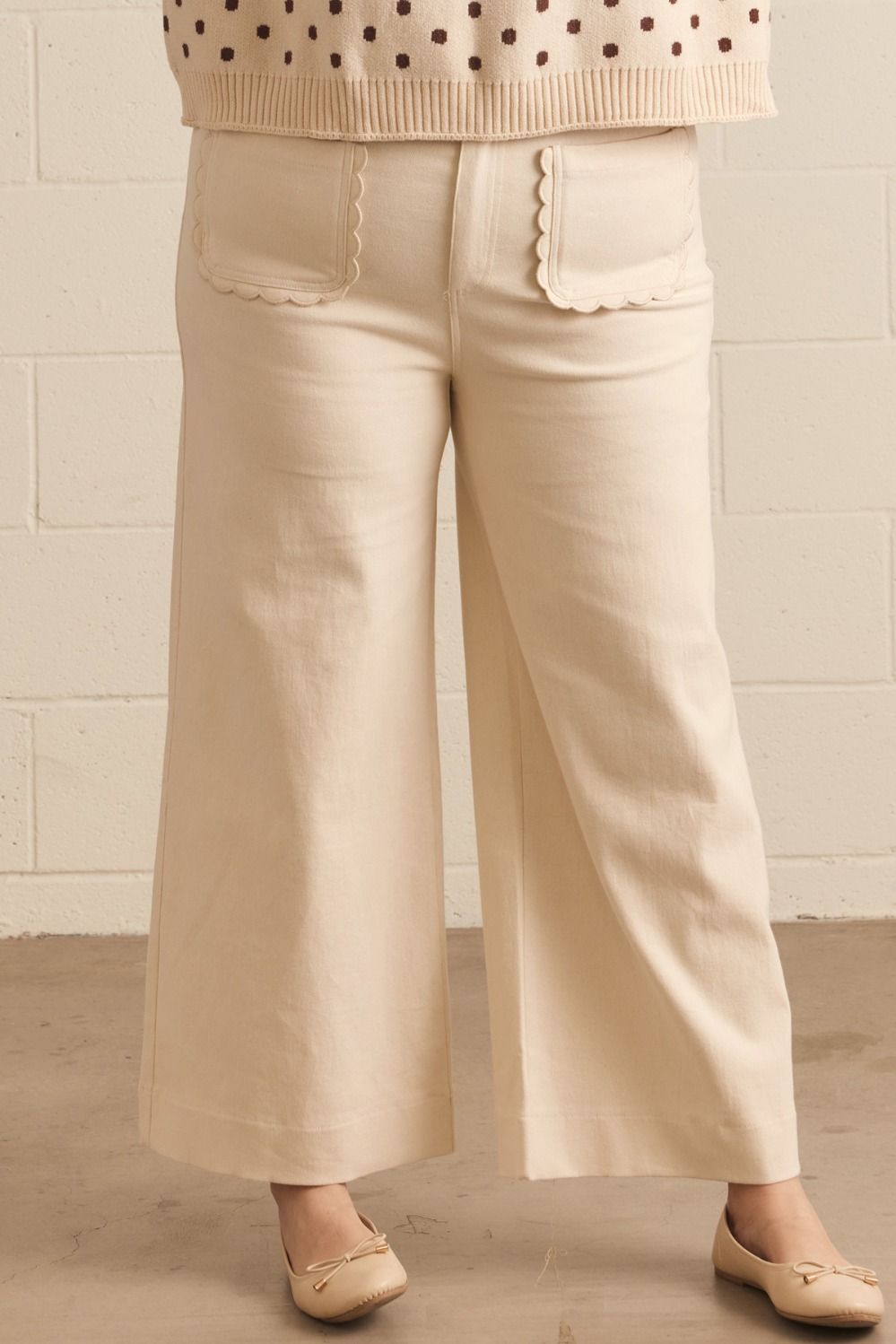 Entro twill denim wide leg pants with scalloped details in plus size
