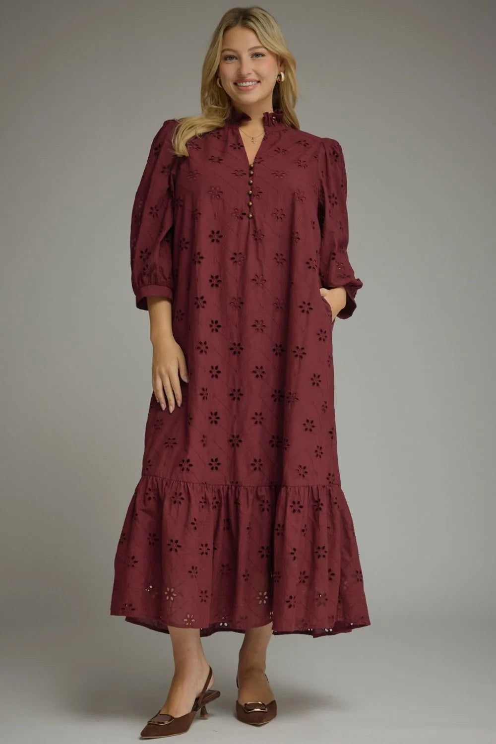 entro plus size burgundy eyelet maxi dress