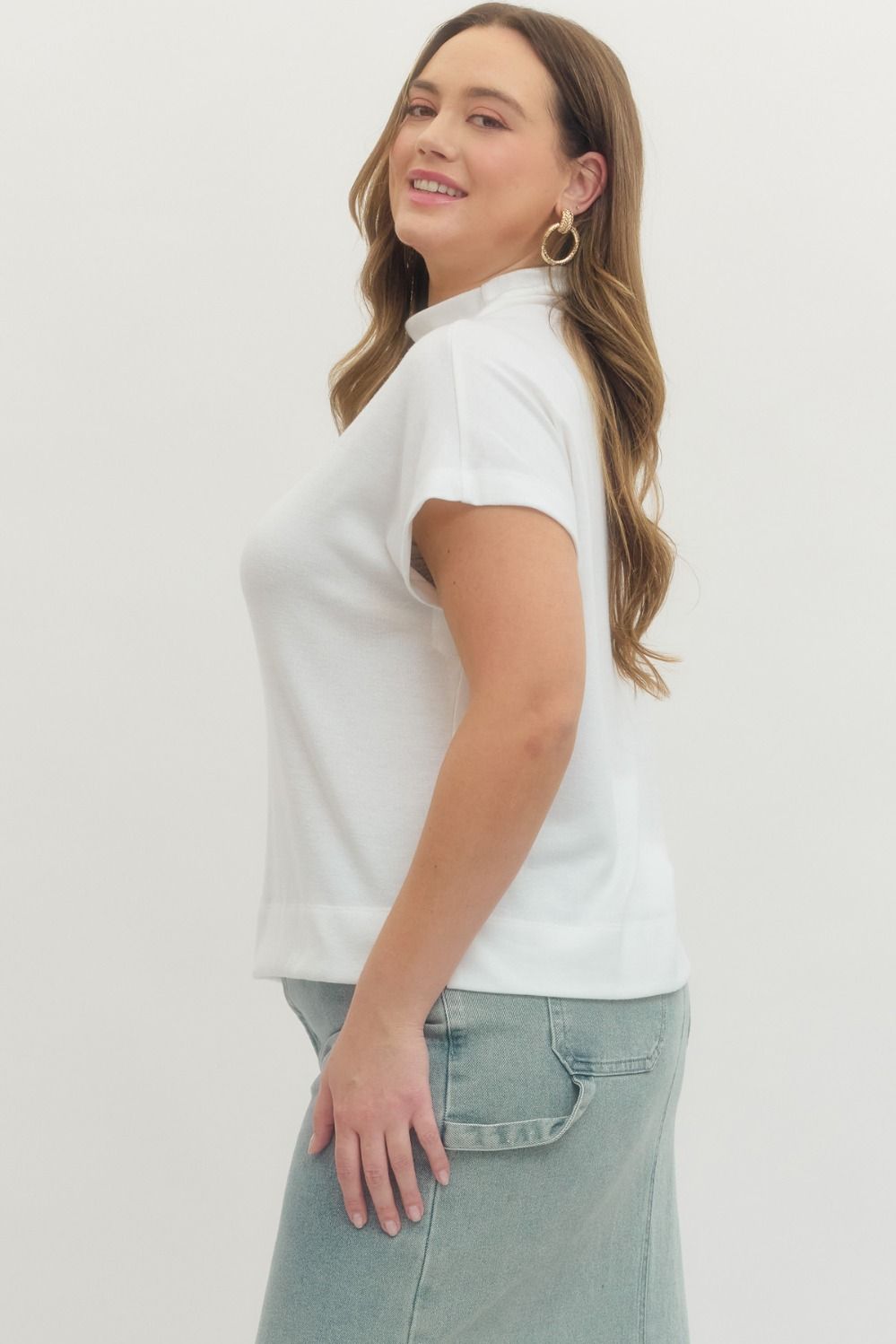 off white short capped sleeve mock neck semi-cropped lightweight knit top plus size