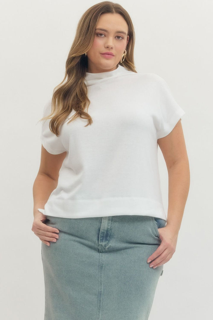 off white short capped sleeve mock neck semi-cropped knit top plus size