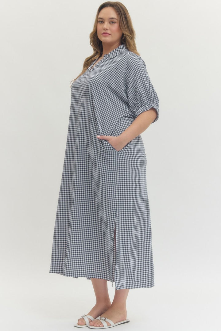 entro women's plus size navy gingham print maxi dress