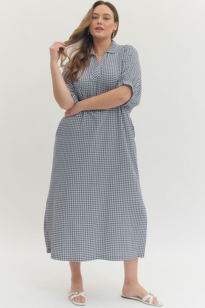 entro plus size navy blue gingham print maxi dress