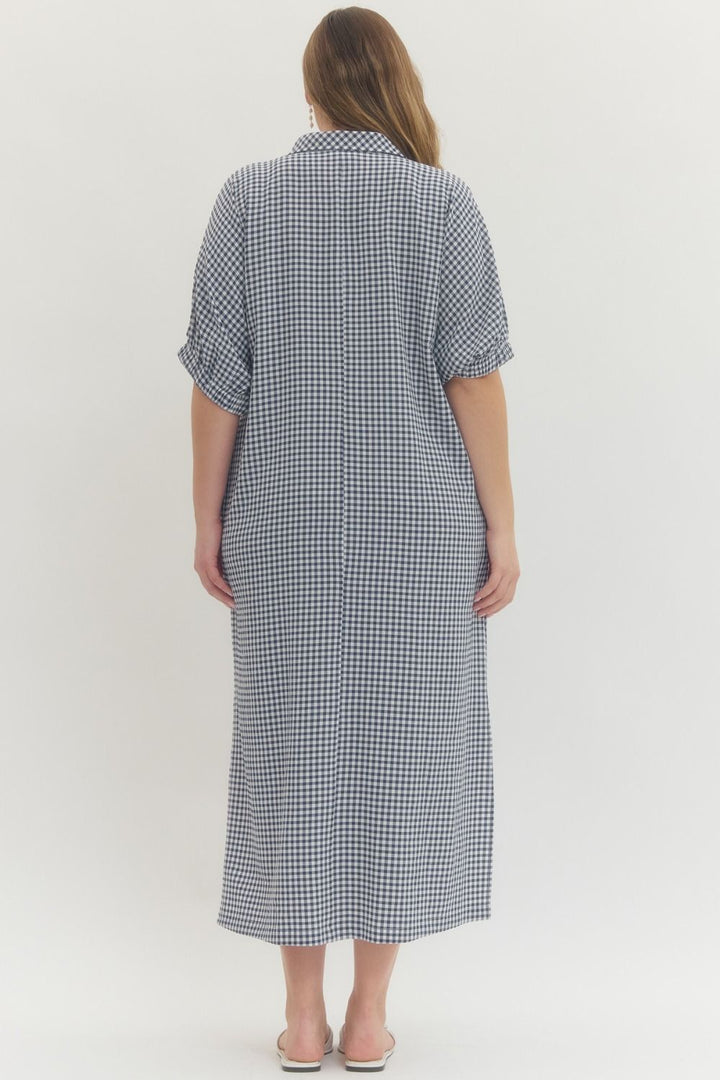 entro plus size navy gingham print maxi dress back