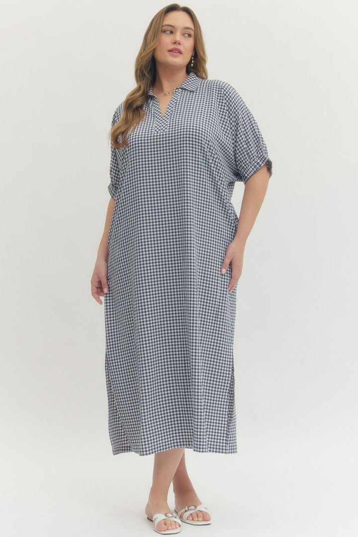 entro plus size navy gingham print maxi dress