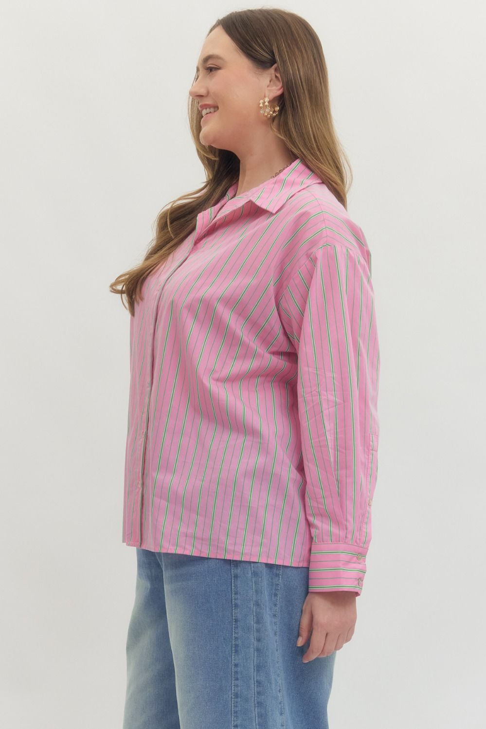 plus size entro pink green striped button down top for masters golf