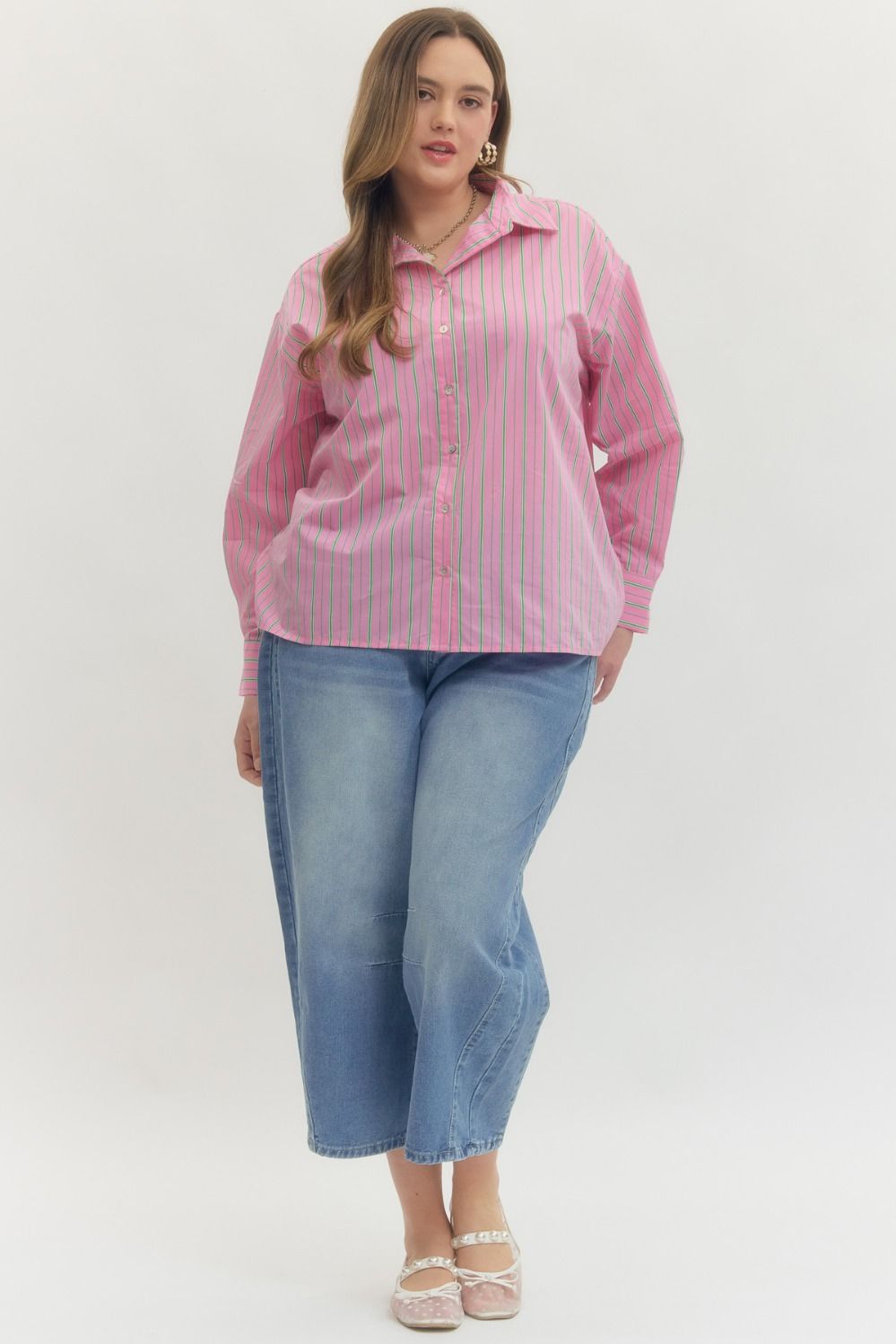 plus size entro pink green striped button down top cuffed sleeves