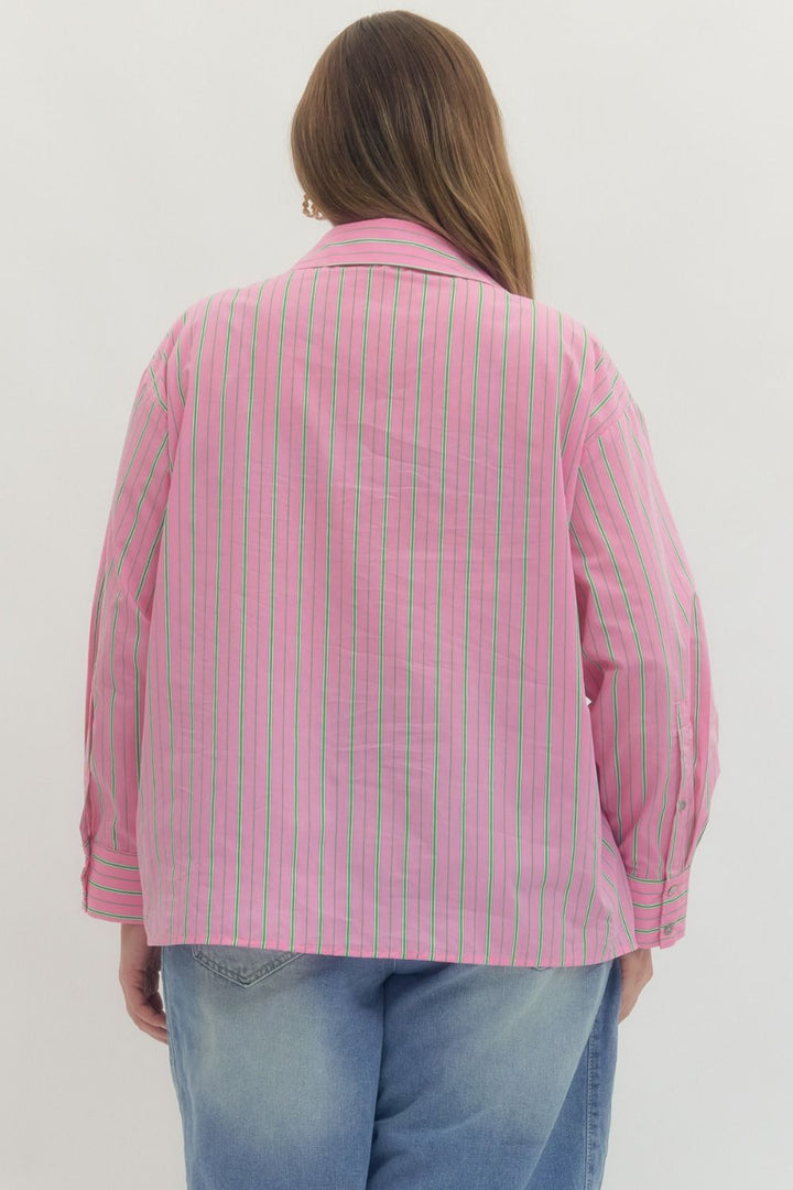 plus size entro pink green striped button down top relaxed fit