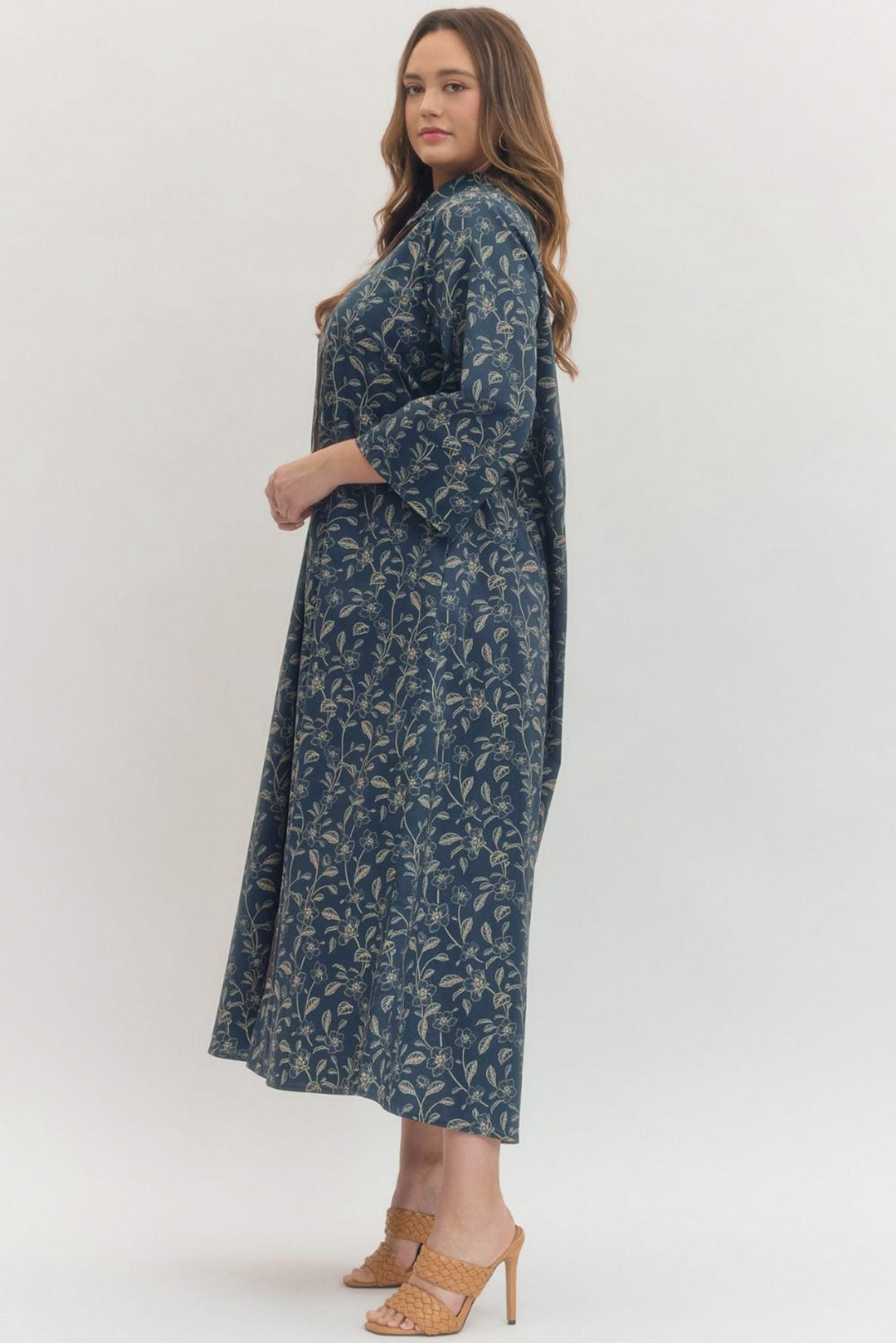 entro oversized flowy brown blue floral maxi dress plus side