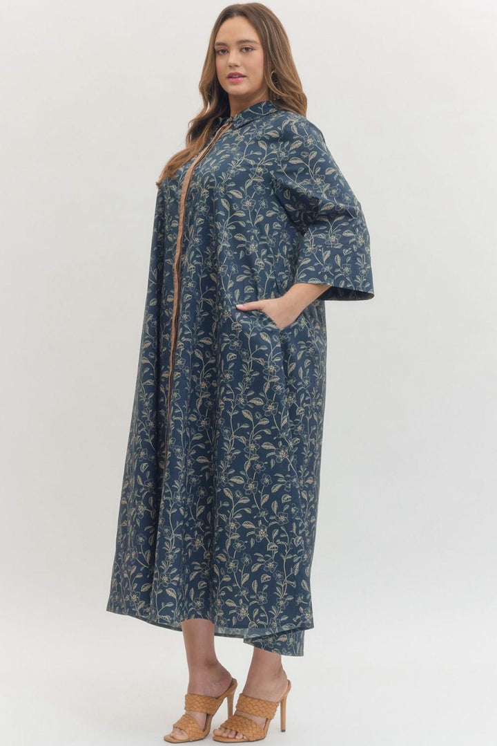 entro oversized flowy brown blue floral maxi dress plus pockets
