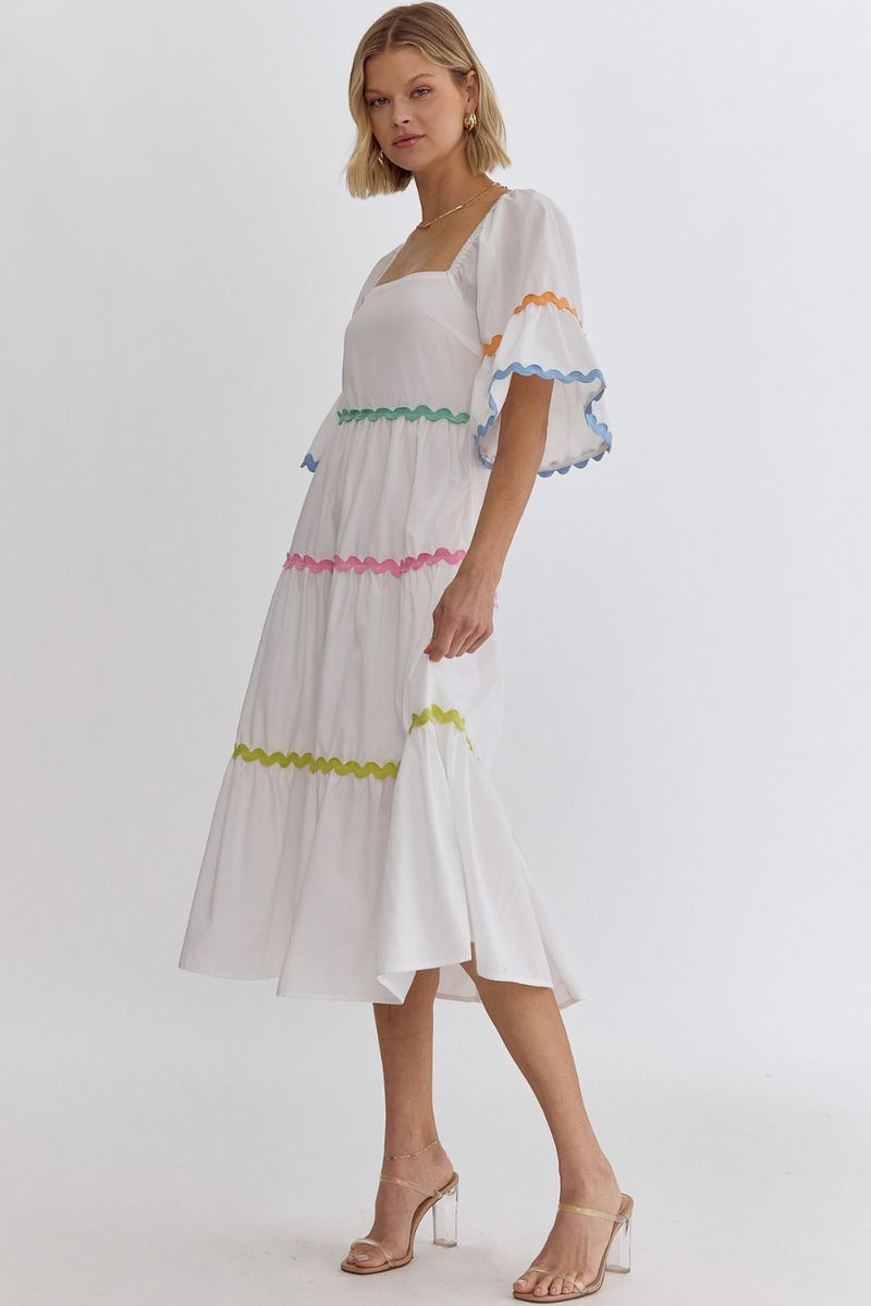 entro white ric rack trim midi dress colorful