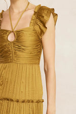 gold satin pleated midi dress