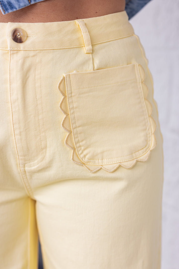 Entro scalloped hem butter yellow twill denim pants details