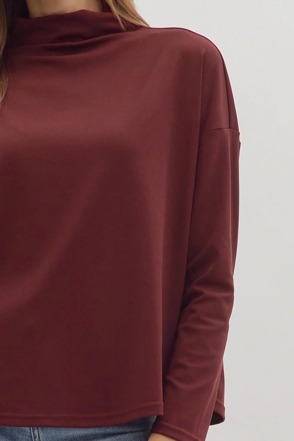 entro solid burgundy mock neck layering tee details