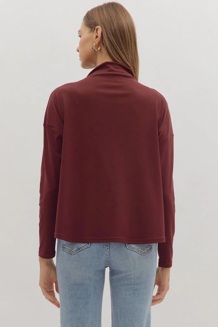 entro solid burgundy mock neck layering tee back