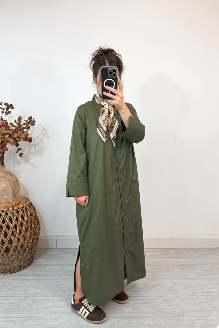 entro solid olive button up dress side