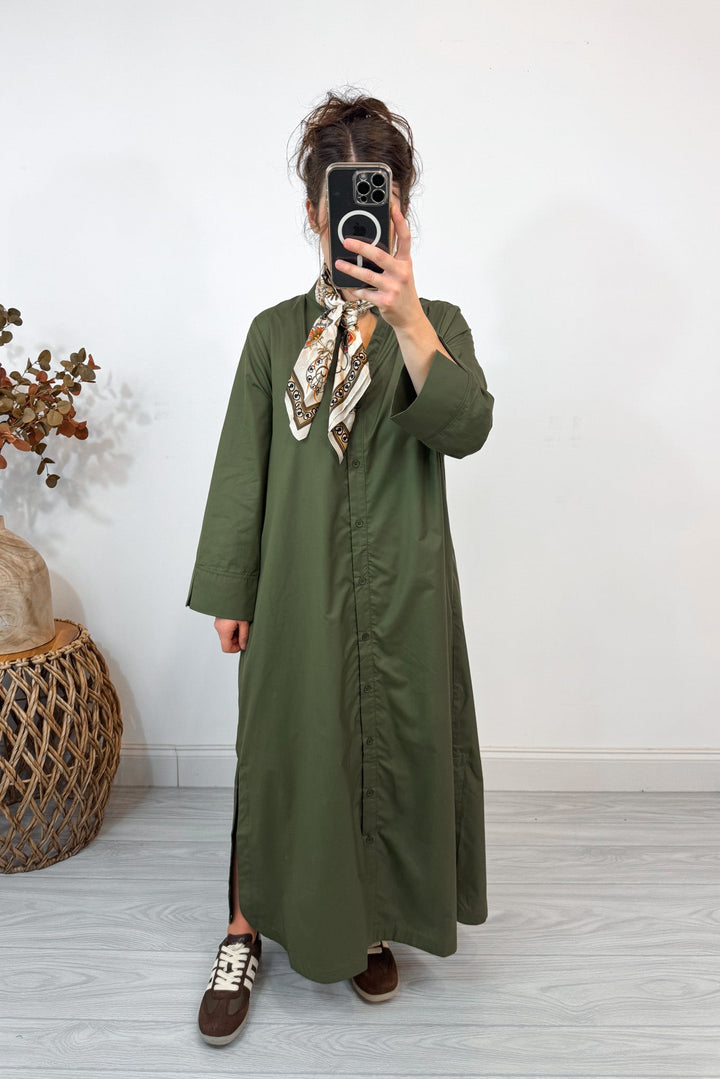 entro solid olive button up dress front