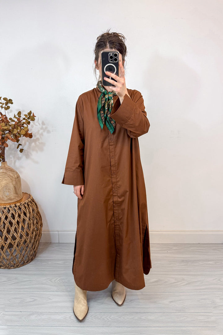 entro solid olive button up dress front