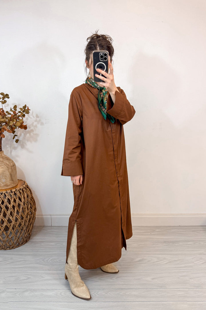 entro solid olive button up dress side