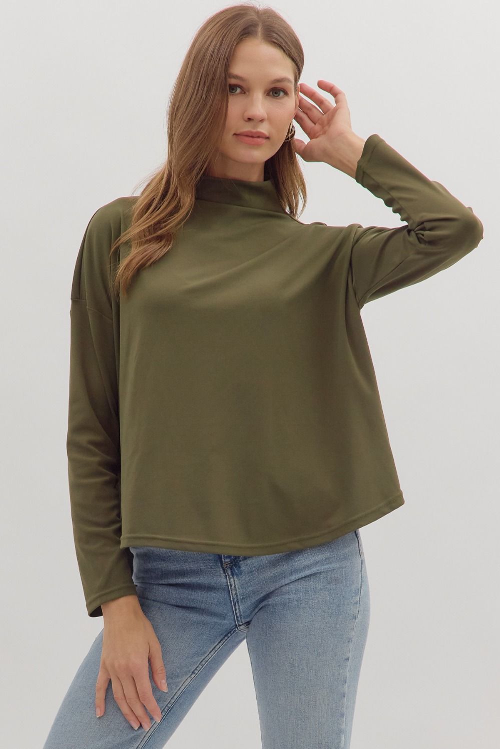 entro olive long sleeve mock neck layering  tee width