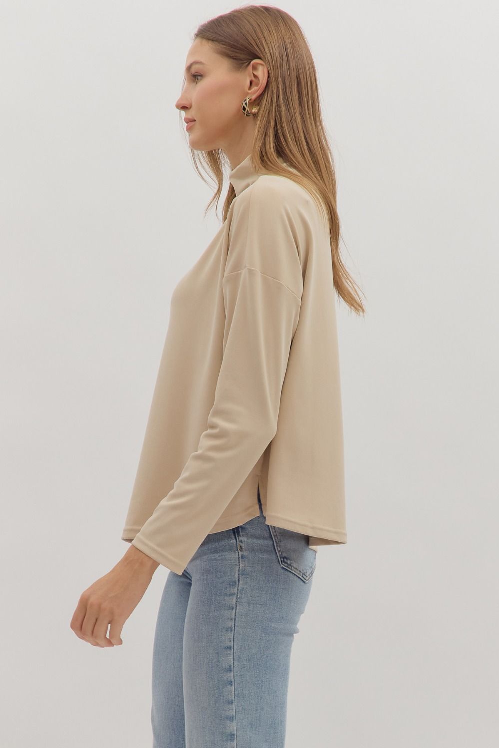 entro solid layering natural beige long sleeve mock neck top slits