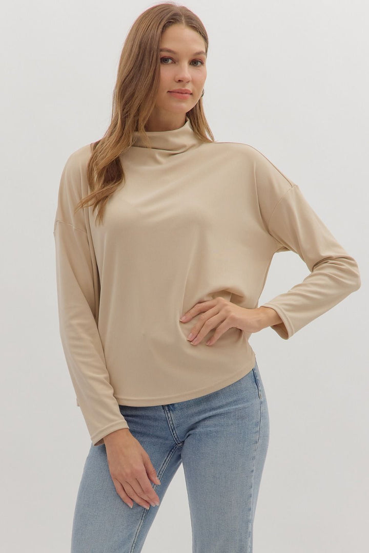 entro solid layering natural beige long sleeve mock neck top
