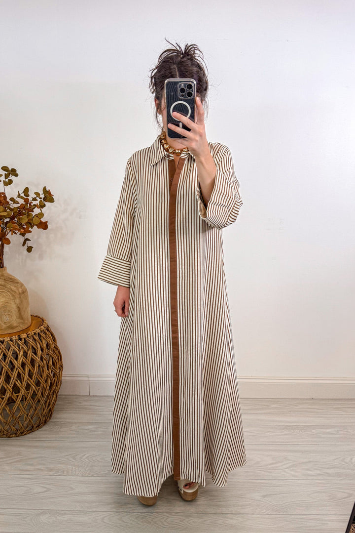 entro striped caramel tan maxi dress laying straight