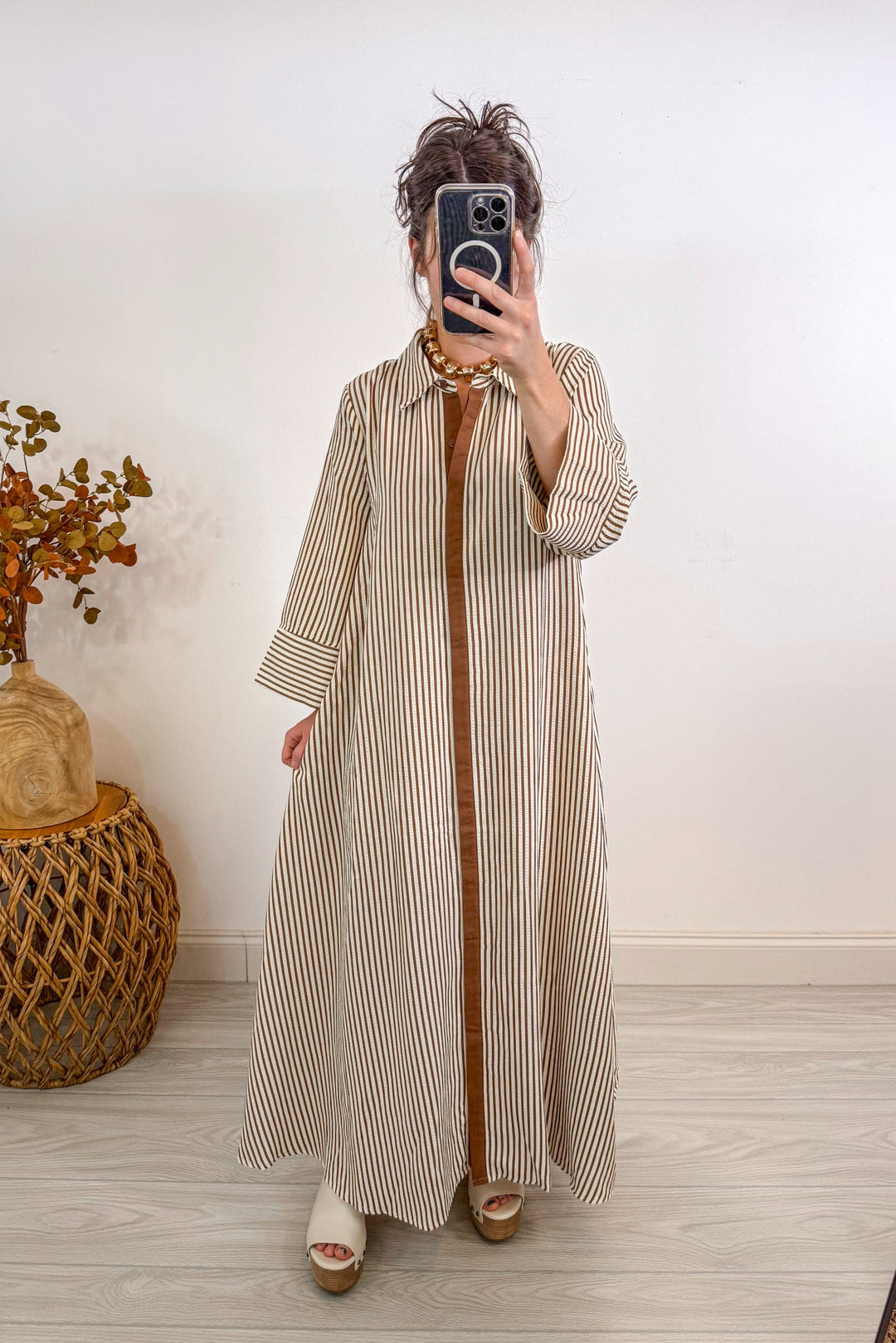 entro striped caramel tan maxi dress far away