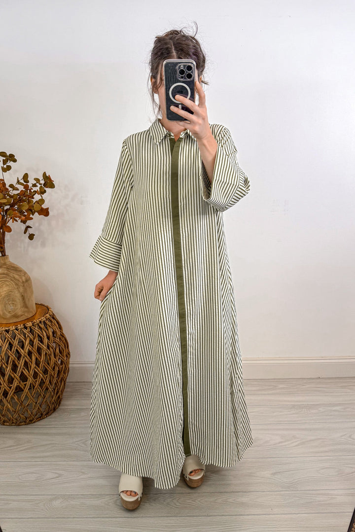 entro striped olive maxi dress far away