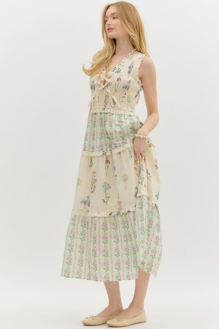 entro tiered ruffle floral midi dress cream