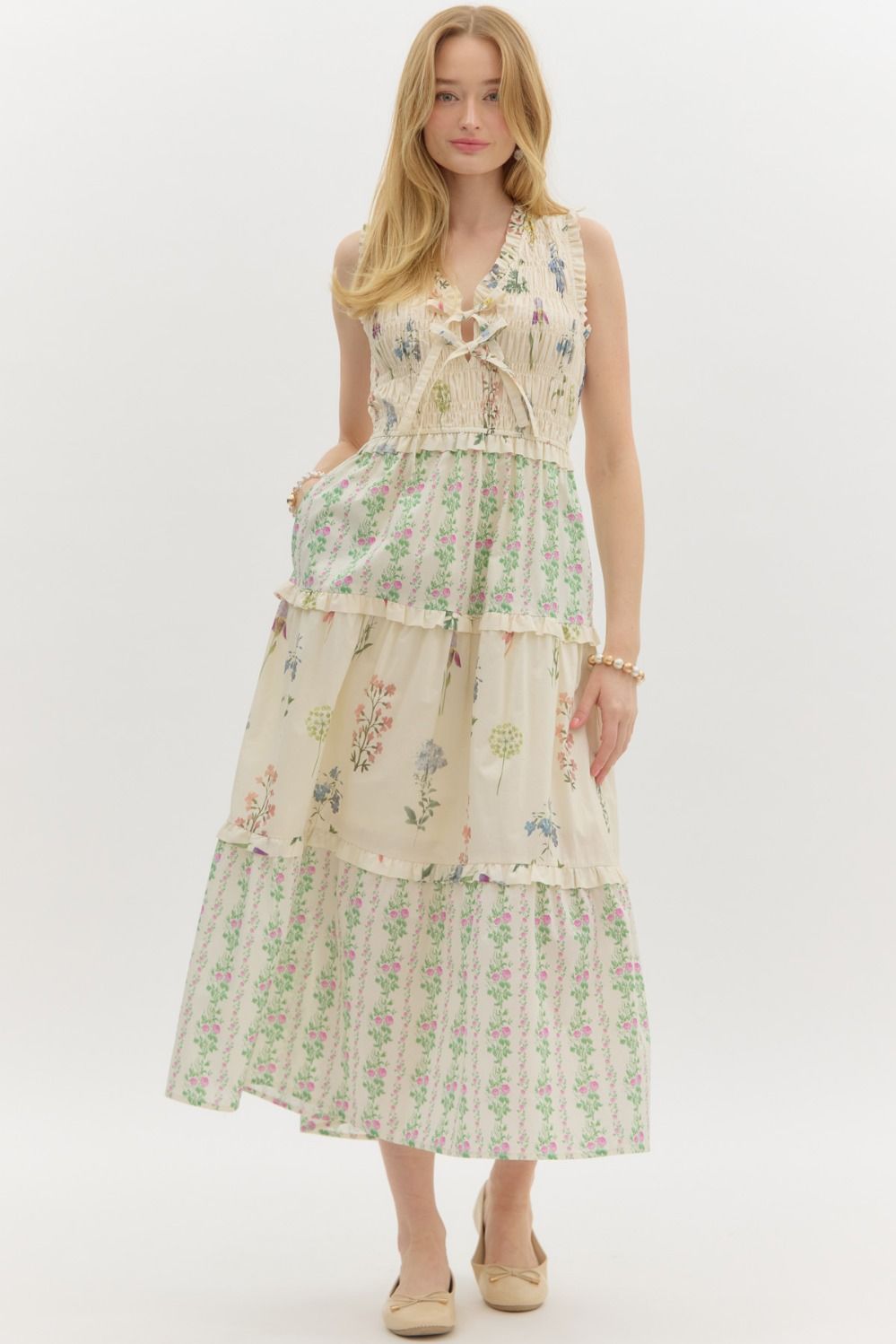 entro tiered ruffle floral midi dress cream