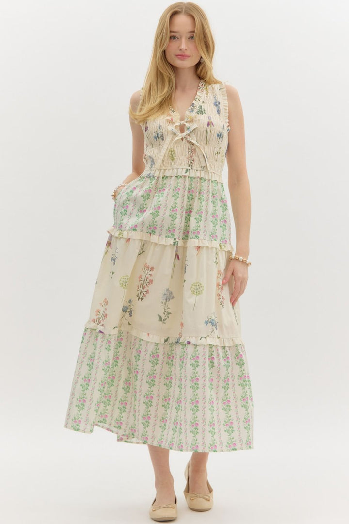entro tiered ruffle floral midi dress cream
