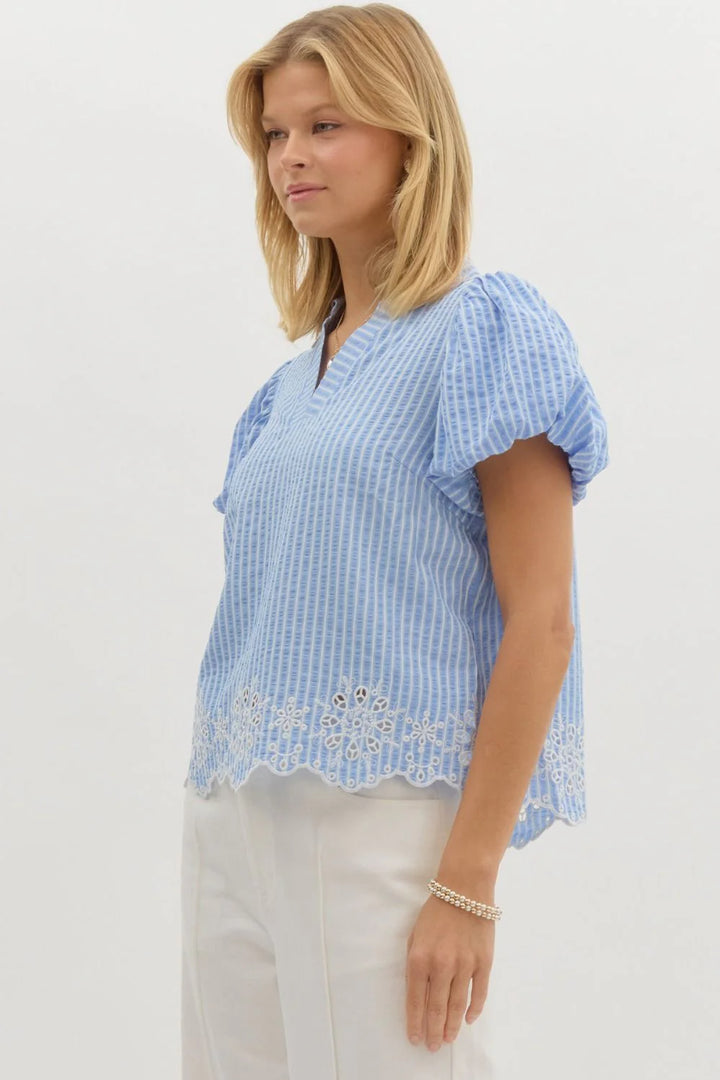 entro blue stripe eyelet top
