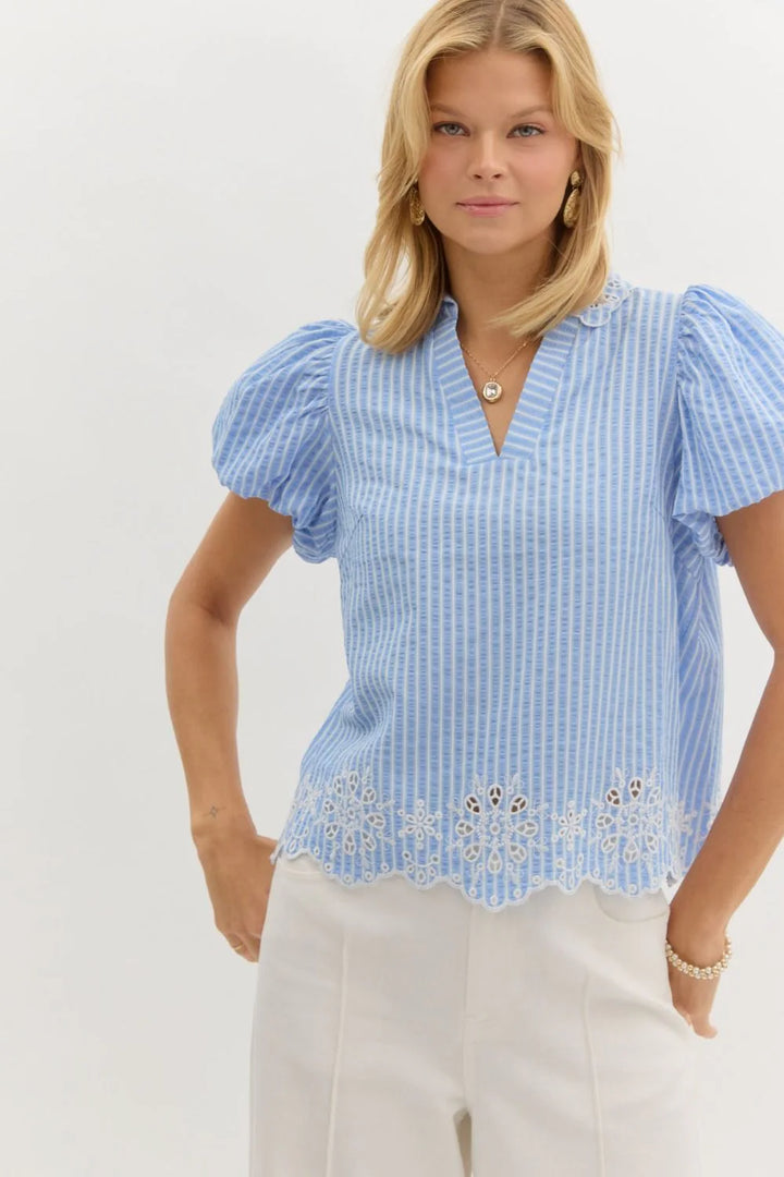 entro blue stripe eyelet top