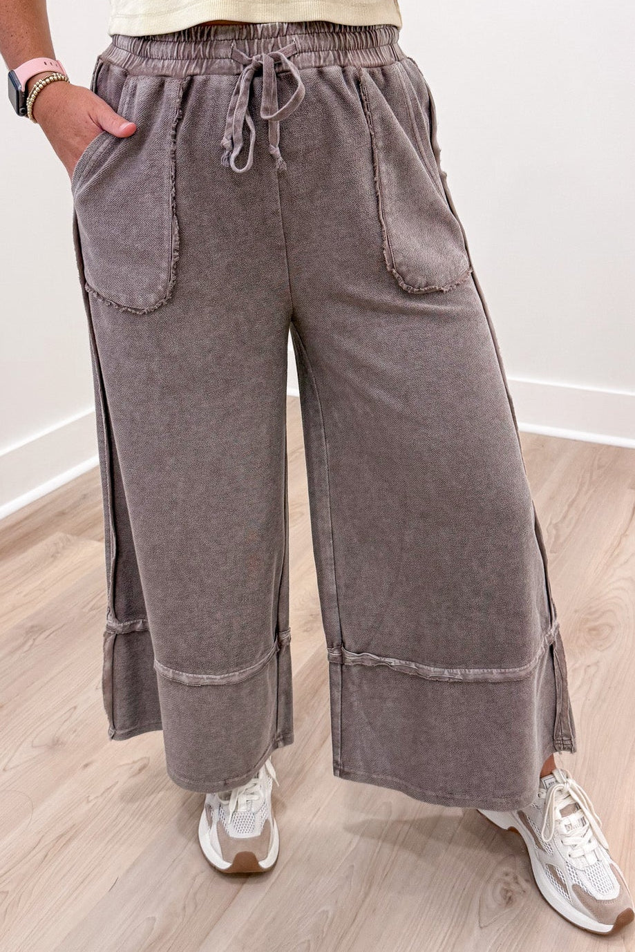 solid mineral washed espresso brown relaxed fit wide leg cropped textured knit pants
