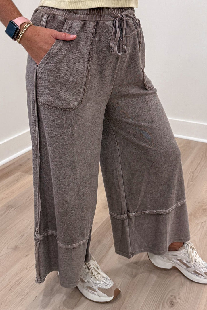 solid mineral washed espresso brown wide leg cropped textured knit pants with front pockets