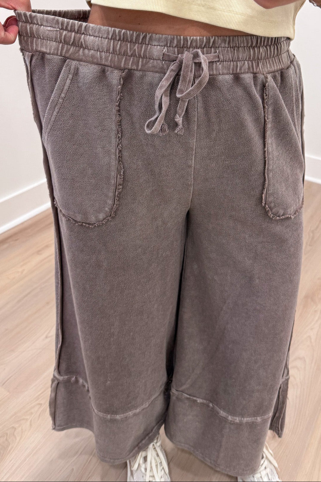 solid mineral washed espresso brown elastic waist wide leg cropped textured knit pants
