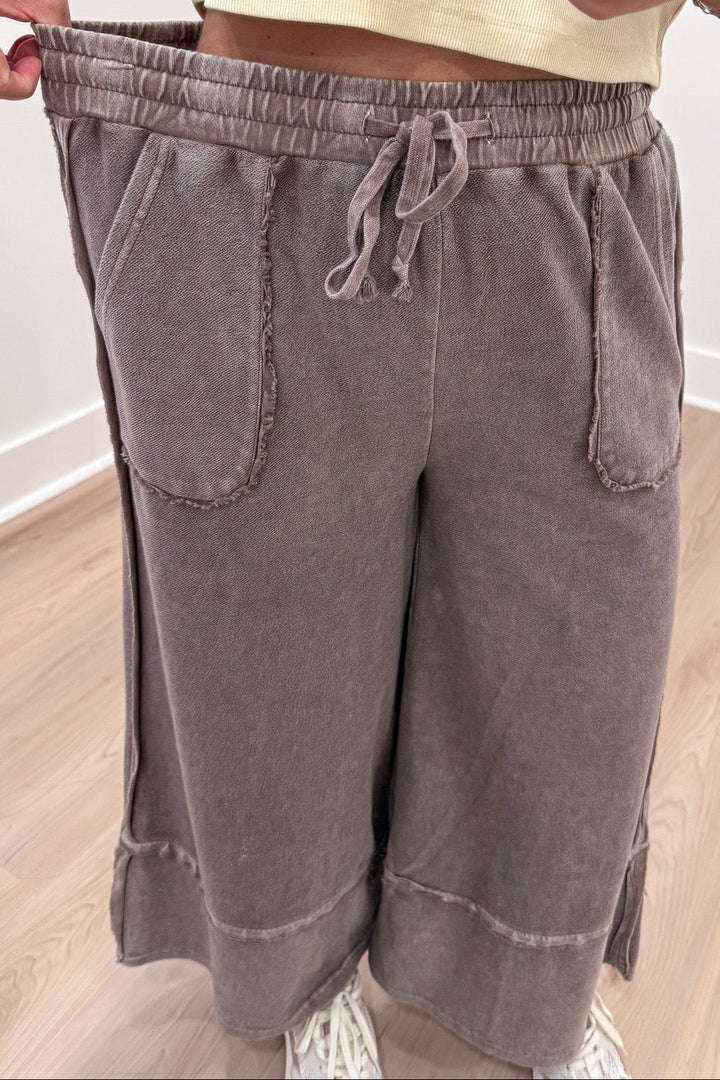 solid mineral washed espresso brown elastic waist wide leg cropped textured knit pants