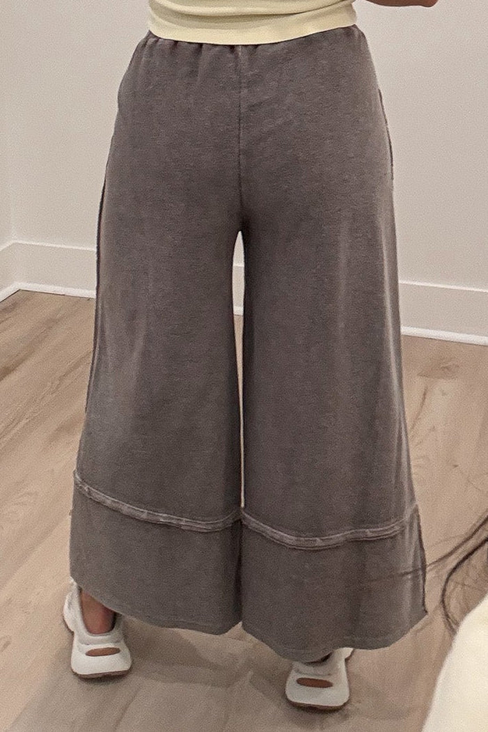 solid mineral washed espresso brown wide leg cropped textured cotton knit pants