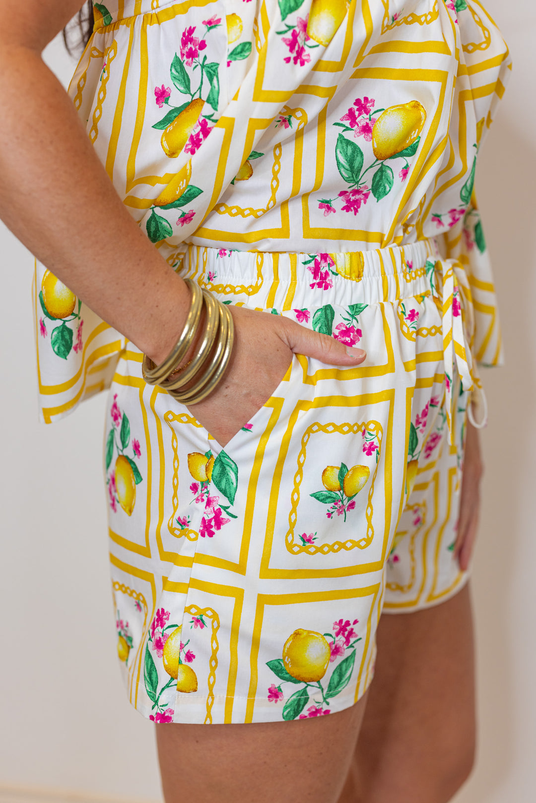 yellow square lemon tank shorts set